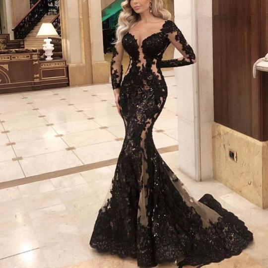 Black Long Sleeves Lace Evening Dress Tulle Party Gowns – Dbrbridal